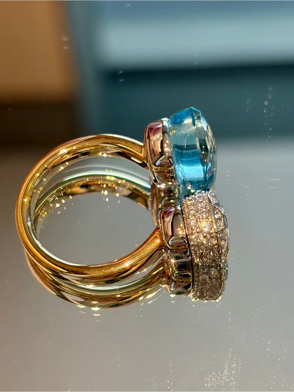 New Certified 14K Gold Plated S925 Two-Stone Sky Blue simulated Topaz Ring
